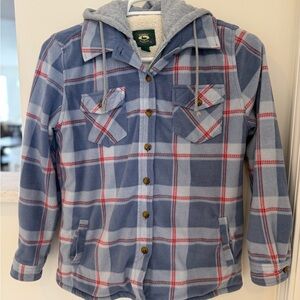 Sherpa Lined Woman’s Shacket with Hood Blue and Red Plaid